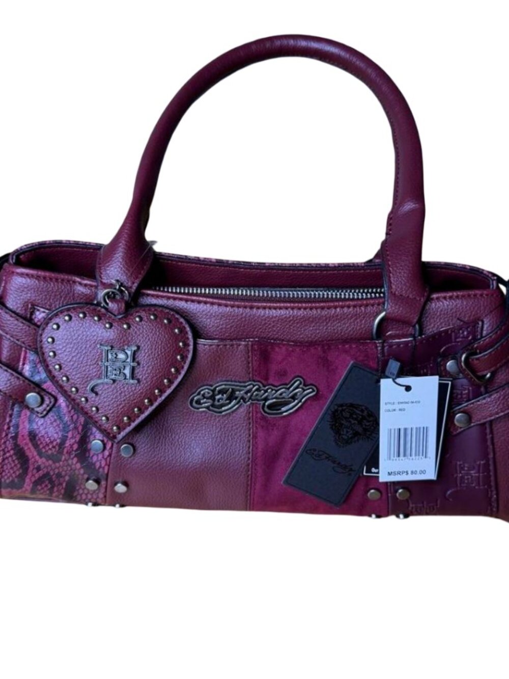 Ed Hardy Burgundy Studded Snake Print Handbag
